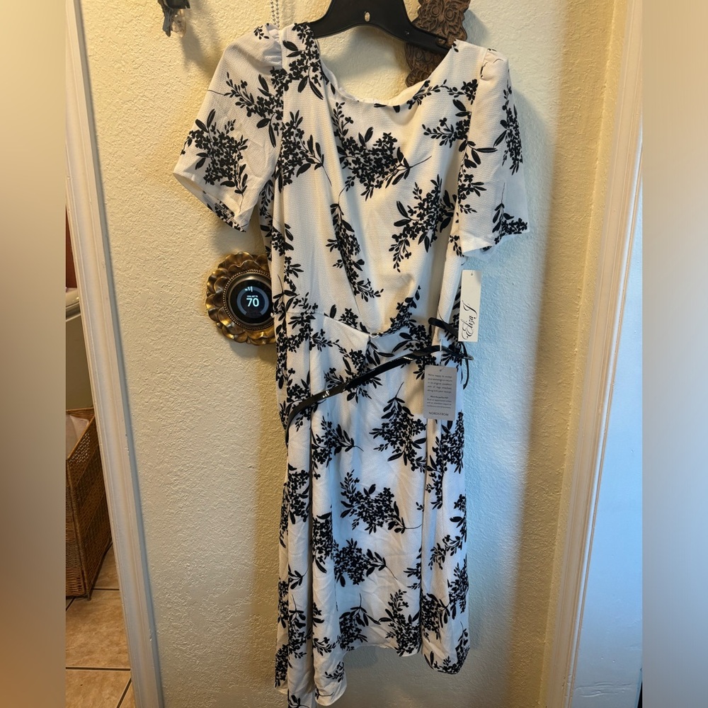Eliza J White Dress with Black Floral Motif